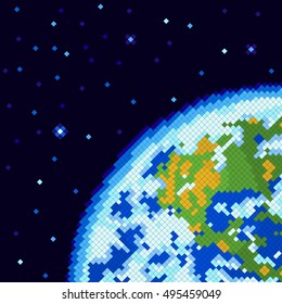 Mother Earth and North American continent against the bluish-black backdrop of the starry Space in the diagonal pixel style. Useful for design of scientific and popular space and environmental themes.