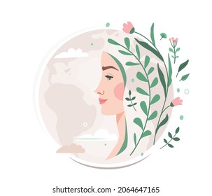 Mother earth person concept vector illustration with woman face and floral, flower elements on planet globe. Nature environment for ecology, green protection, health, recycle design. Isolated on white