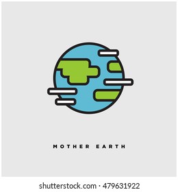 Mother Earth Planet With Clouds (Line Art in Flat Style Vector Illustration Icon Design)