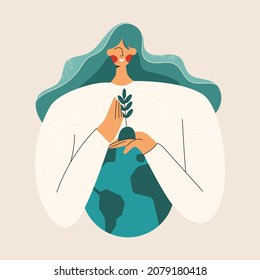 Mother Earth planet Day or protect globe environment nature. Environmental protection. Saving the planet, female character protect our earth. Go green concept. Flat vector cartoon illustration