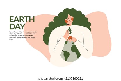 Mother Earth planet Day or protect globe environment nature. Environmental protection. Saving the planet, female character protect our earth. Go green concept. Flat vector cartoon illustration