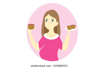 Mother eat more while pregnancy. woman pregnancy with hamburger. 