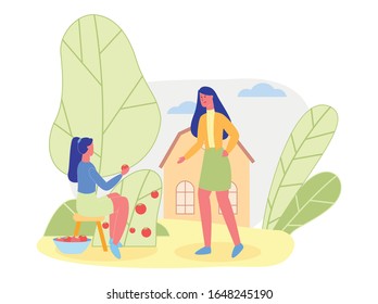 Mother and Elder Daughter, Spending Time on Weekend Together, Harvesting Ripe Berries and Fruits in Orchard. Girl, Treating Friend, Dressed Smart, with Red Fruit. Country Life in Open with Fresh Air.