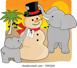 A mother elephant and baby in the desert building a snowman made  of sand