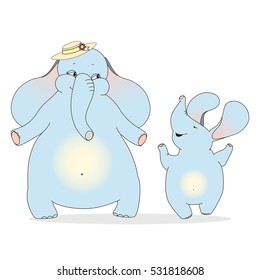 Mother elephant and baby elephant enjoyed. A family. Cartoon wild animals for the design of children's goods and things.