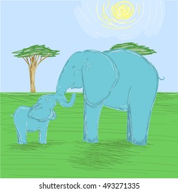 Mother elephant and baby elephant hugs the trunk. Vector illustration.