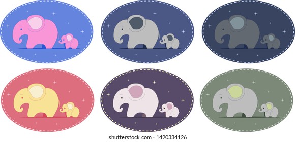 mother elephant and baby elephant, set in different colors, cartoon animals, children's illustration, flat, children's application