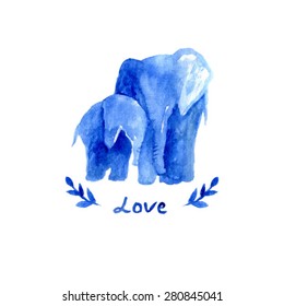  mother elephant with child. watercolor elephant mother with baby. Blue illustration. Love text. Happy mother's day card template.  branch watercolor. sweet animal