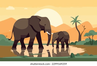 A mother elephant and her calf drinking at a waterhole. Animals raising young concept