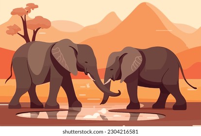 A mother elephant and her calf drinking at a waterhole. Animals raising young concept