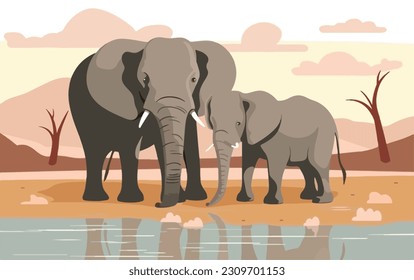 A mother elephant and her calf drinking at a waterhole. Animals raising young concept