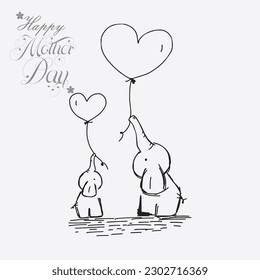 mother elephant and her child line art illustration holding hearts showing mother day love