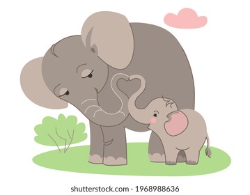 Mother Elephant and Little Elephant Stand on a green meadow and make a heart out of trunks