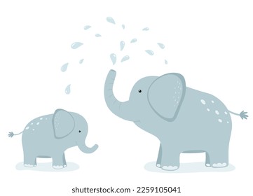 La madre elefante le echa agua a su hijo y a ella misma. Ilustración portadora plana de dibujos animados.