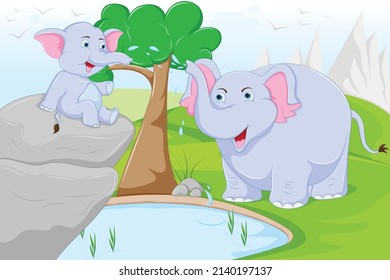 A mother elephant sprays water on the little elephant 