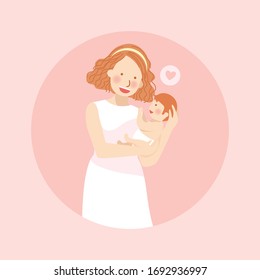 Mother Embrace Baby full of Love with Pink Peach Flower Background