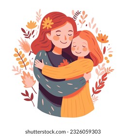 Mother embraces her daughter on a floral background, vector illustration in a flat style