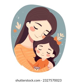 Mother embraces her daughter on a floral background, vector illustration in a flat style