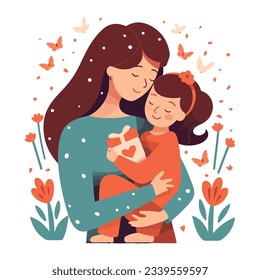 Mother embraces her daughter on a floral background, vector illustration in a flat style