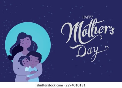 A mother embraces her two children,celebrating Mother's Day with the full moon and the stars