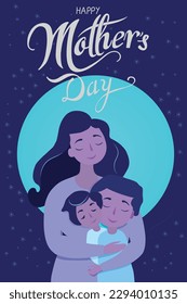 A mother embraces her two children,celebrating Mother's Day with the full moon and the stars