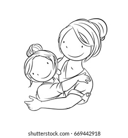  Mother Embracing her Child, Coloring Page, Vector Illustration