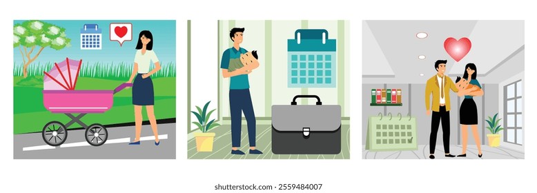 Mother Enjoying a Walk with Baby. Man Holding Baby Near Briefcase. Family maternity paternity leave. Set flat vector modern illustration 