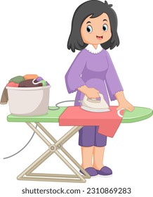 a mother is enthusiastically ironing clothes of illustration