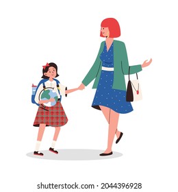 Mother escorting her child to school, flat cartoon vector illustration isolated on white background. Child girl going to school accompanying by her mother.