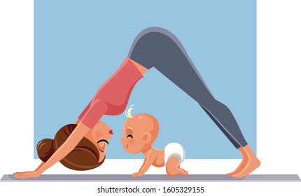 Mother Exercising with Her Baby on Yoga Mat. Woman doing Pilates next to her newborn stretching together
