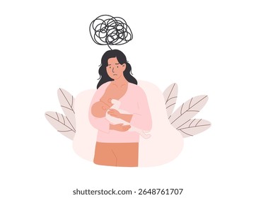 Mother experiencing stress and emotional overwhelm while breastfeeding her newborn. Baby blues and postpartum adjustment challenges. Flat Style Vector Illustration isolated on white background.