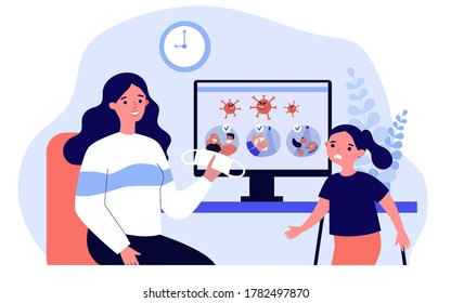 Mother explaining disease protection rules to little girl. Mask, virus, coronavirus flat vector illustration. Pandemic and healthcare concept for banner, website design or landing web page