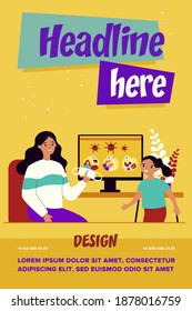 Madre explicando las normas de protección de enfermedades a las niñas. Máscara, virus, coronavirus de ilustración plana vectorial. Pandemia y concepto de salud para banner, diseño de sitios web o página web de aterrizaje