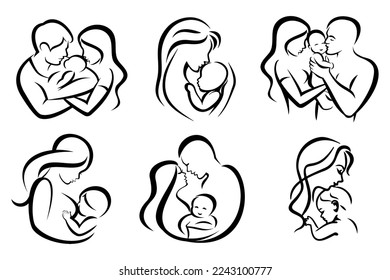 Mother, fater and baby black silhouette. Family black lines illustration set. Woman and child vector.