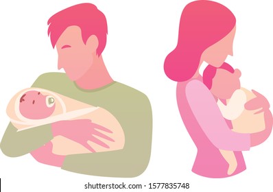 Mother and father with babies (newborn and toddler) in their hands. Cute vector cartoon silhouettes of happy young family.