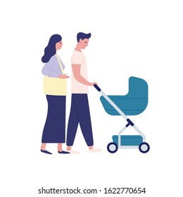 Mother and father with baby carriage flat vector illustration. Parenting, family couple together isolated on white background. Parents cartoon characters walking with child in pram.