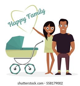 Mother and father with baby stroller. Isolated on white background of happy family newborn child.