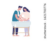 Mother and father bathing baby flat vector illustration. Parenting, family together isolated on white background. Parents cartoon characters with newborn design element. Mom and dad with infant.
