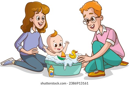 Mother and father bathing baby flat vector illustration. Parenthood, family together isolated on white background. Parents with newborn design element cartoon characters. Mom and dad with baby