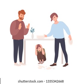 Mother and father brawling or quarreling in presence of child hiding under table. Parents shouting at each other. Conflict between mom and dad. Unhappy family. Flat cartoon vector illustration.