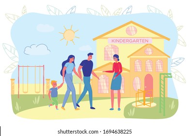 Mother and Father Carrying Kid to Kindergarten. Teacher Nanny Babysitter Meeting Preschool Child and Parents. Playground and School Building. First Day at Day-Care Centre. Vector Illustration