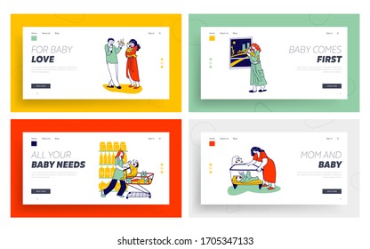 Mother and Father Characters Calm Down Crying Newborn Baby Landing Page Template Set. Baby Cramp Pain, Mom with Child in Supermarket Shopping Trolley, Kid in Playpen. Linear Vector People Illustration