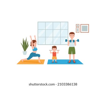 Mother, father and child doing sport exercises, flat cartoon vector illustration isolated on white background. Family sport activity and joint spare time.