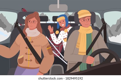Mother and father with child driving in winter, passing mountains and frosty locations. People in vehicle on vacation. Family traveling together in cold season. Man and woman on journey vector
