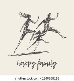 Mother, father and child running silhouette. Happy family, outdoor leisure activities. Hand drawn vector illustration, sketch