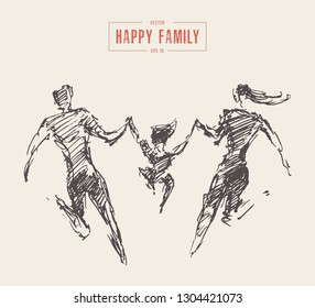 Mother, father and child running silhouette. Happy family, outdoor leisure activities. Hand drawn vector illustration, sketch