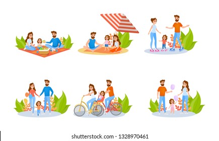 Mother, father and child set. Collection of family activity outdoor. Happy woman and kid spend time together. Kid playing with parent. Isolated vector illustration in cartoon style