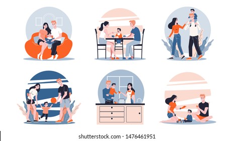 Mother, father and child set. Collection of family activity outdoor. Happy woman and kid spend time together. Kid playing with parent. Isolated vector illustration in cartoon style