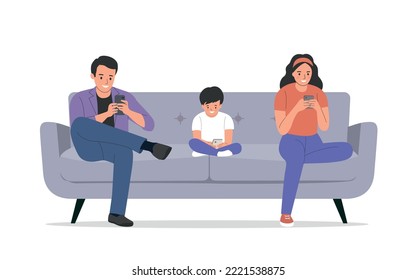 Mother and father with child sitting on the sofa with smartphones. Vector flat illustration