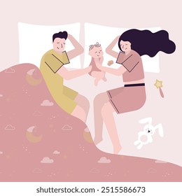 Mother, father and child sleep on pillows under blanket. Family, parenthood, child care, love and healthy sleep. Parents and infant sleeping in bed together. Top view. flat vector illustration